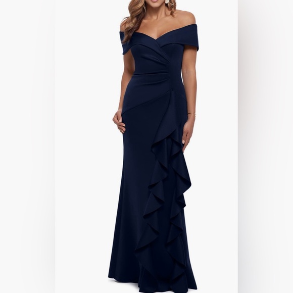 Xscape NWT size 16 Ruffle Off The Shoulder Scuba Knit  Dress Gown Nordstrom - Picture 1 of 7